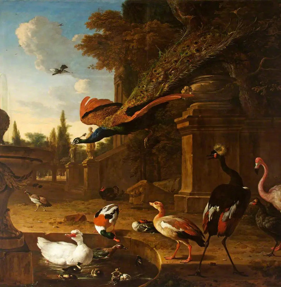 Fågelprydnader i och runt en damm i en park, med en svan i flykten - Melchior de Hondecoeter