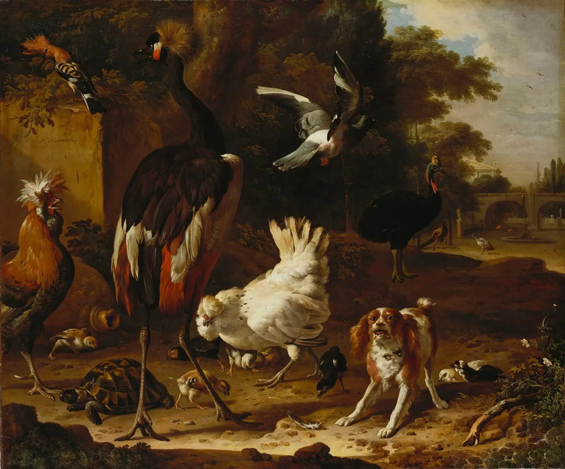 Fåglar och jaktlabrador i en trädgård - Melchior de Hondecoeter