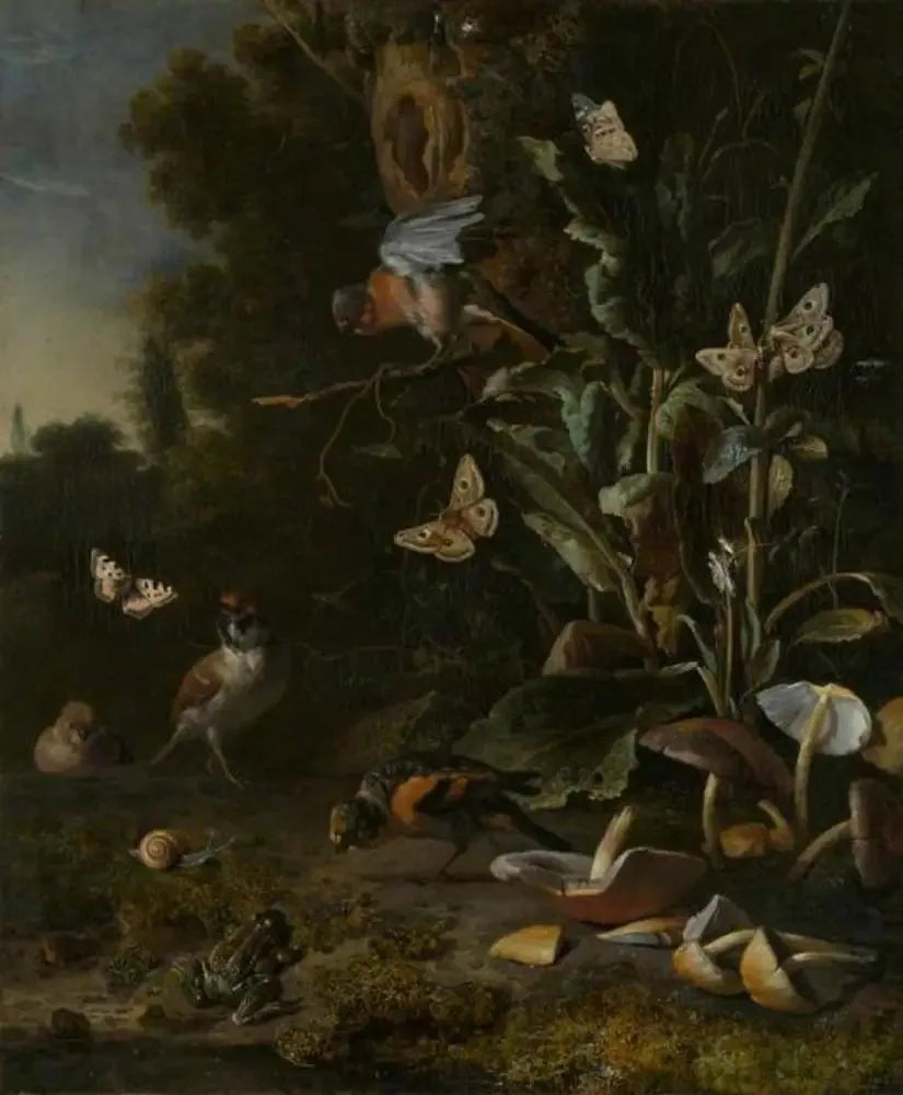 Fåglar, fjärilar och en groda bland växter och svampar - Melchior de Hondecoeter