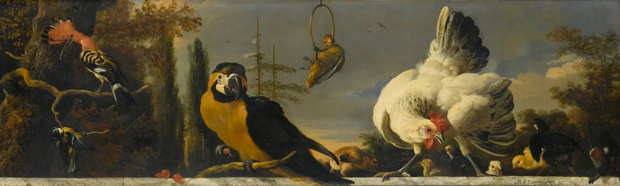 Fåglar på en balustrad - Melchior de Hondecoeter