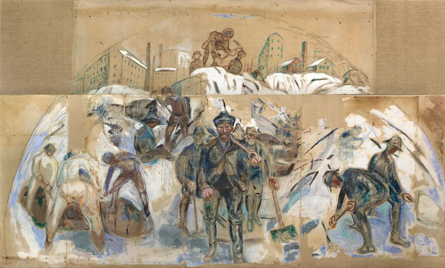 Arbetare på byggarbetsplatsen. Skiss för en dekoration av Oslo rådhus - Edvard Munch