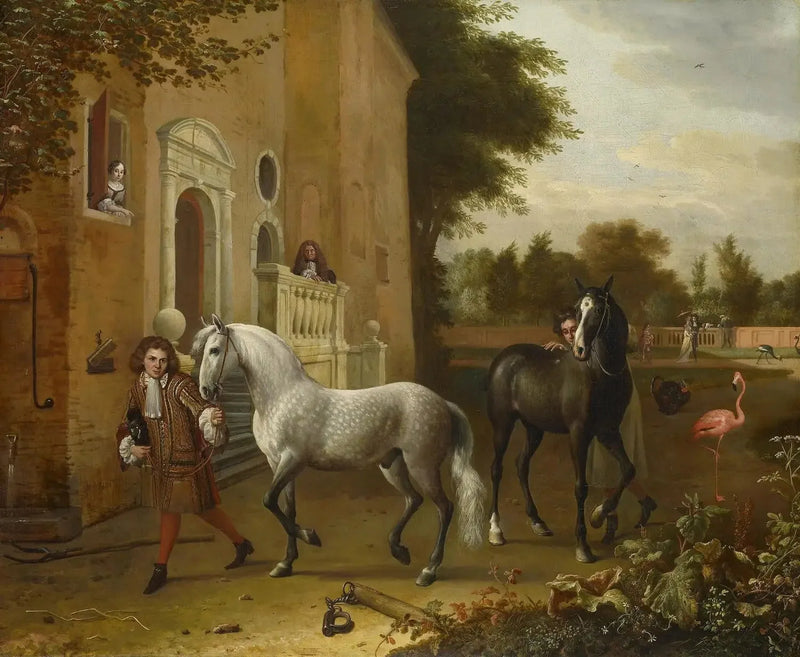 Palefreinare med hästar, en grå och en mörkbrun, vid Nijenrode slott - Melchior de Hondecoeter