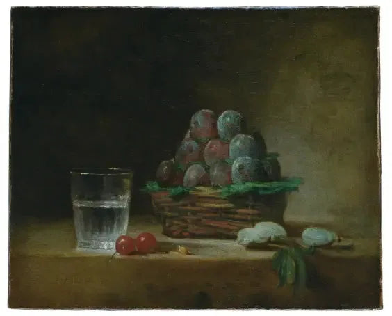 Prunfylld korg, ett glas vatten, körsbär - Jean Siméon Chardin