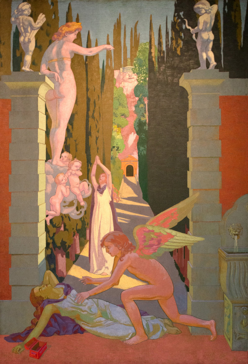 IV-panelen. Utsatt för de hårdaste prövningarna av Venus, ger Psyche, till sin olycka, efter för sin nyfikenhet en andra gång: i denna ytterlighet räddas hon av Kärleken - Maurice Denis