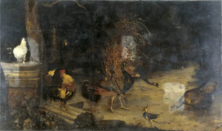 Påfågel och kråkor i en skog - Melchior de Hondecoeter