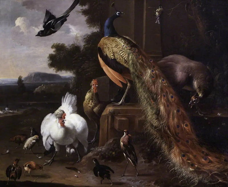 Påfåglar och höns i en gårdslandskap med en flugsnappare - Melchior de Hondecoeter