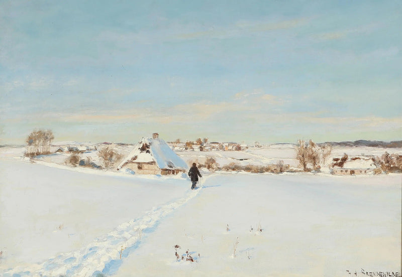 En vacker vinterdag går en man mot en gård. - H. A. Brendekilde