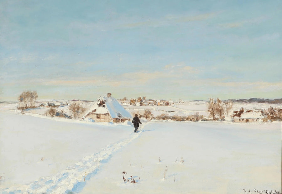 En vacker vinterdag går en man mot en gård. - H. A. Brendekilde