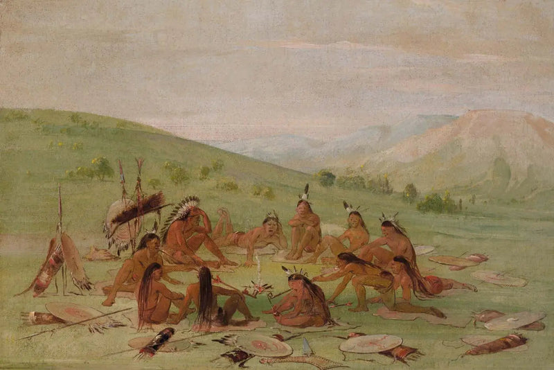 Krigspartiet till fots vid rådet, Mandan - George Catlin