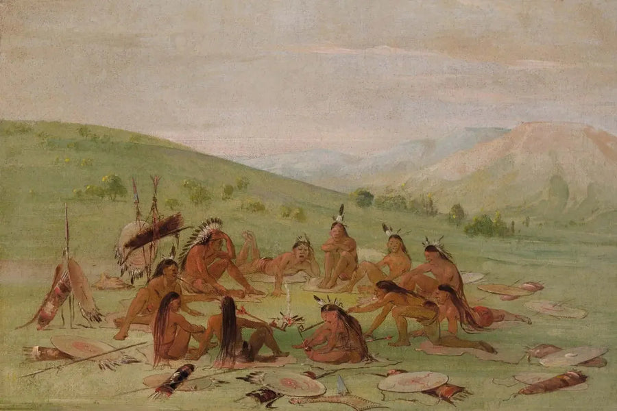 Krigspartiet till fots vid rådet, Mandan - George Catlin