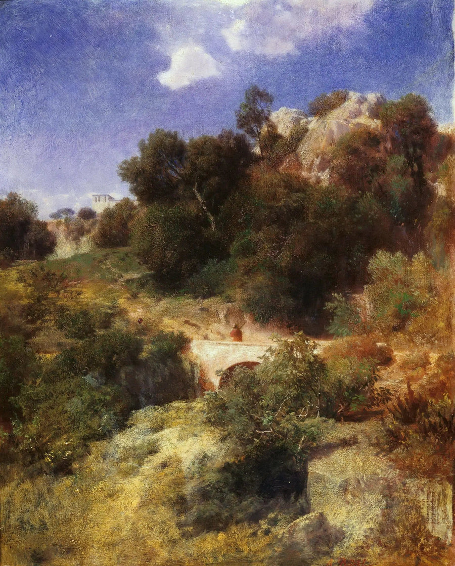 Landskap med kuperad, bergig terräng och bro - Arnold Böcklin