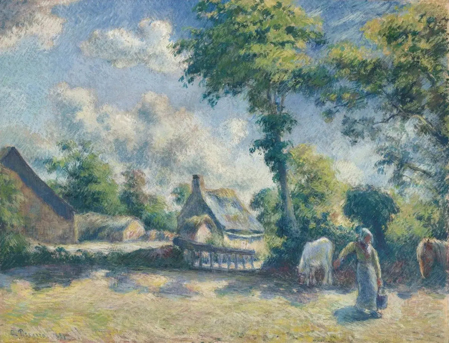 Landskap i Melleray, kvinna som ger hästar att dricka - Camille Pissarro
