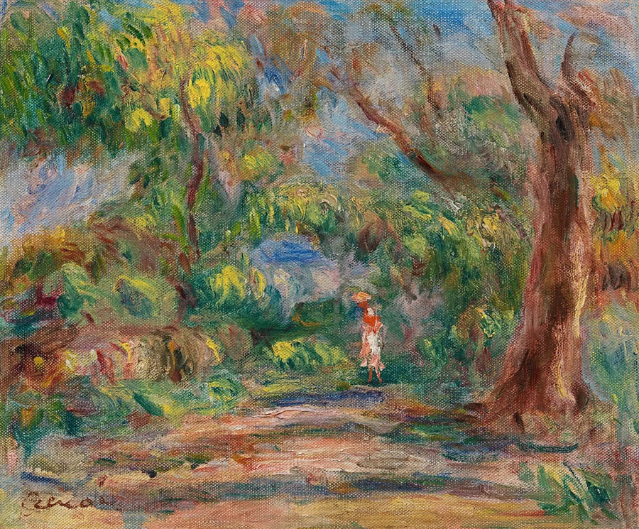 Landskap, bondgårdsgata med kvinna i röd och vit - Pierre-Auguste Renoir