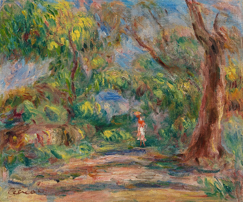 Landskap, bondgårdsgata med kvinna i röd och vit - Pierre-Auguste Renoir