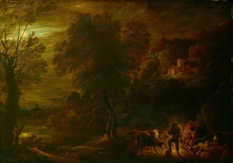 Landskap i månsken med herdar vid elden - David Teniers den yngre