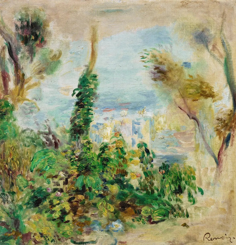 Landskap, i förgrunden klättrande blommor, i bakgrunden hus - Pierre-Auguste Renoir