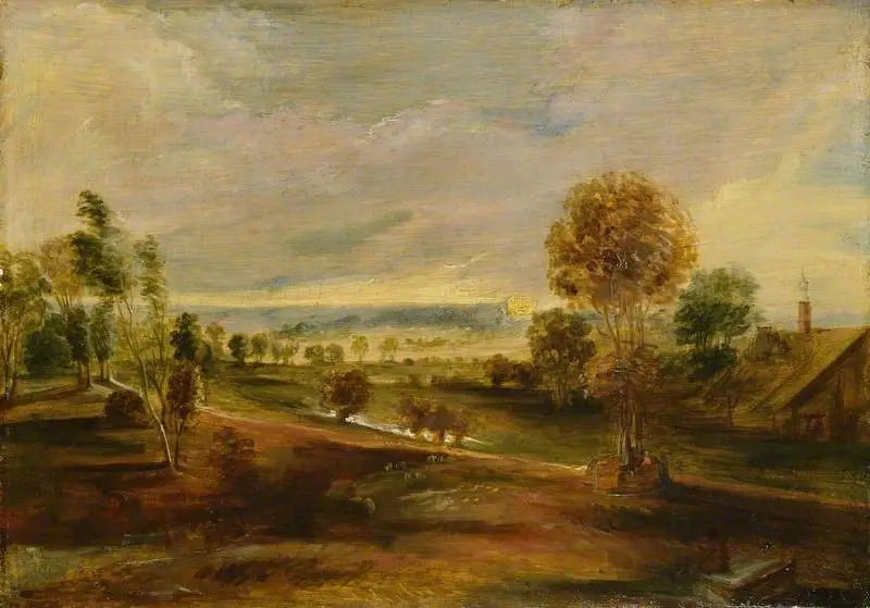 Landskap med jordbruksbyggnader vid solnedgången - Peter Paul Rubens