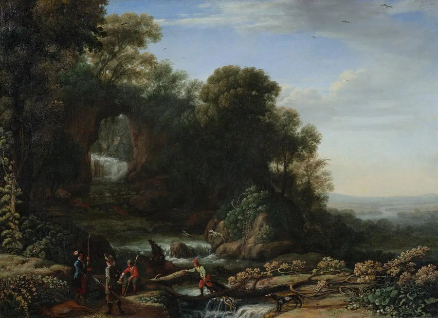 Landskap med vattenfall och jägare - Claude Lorrain