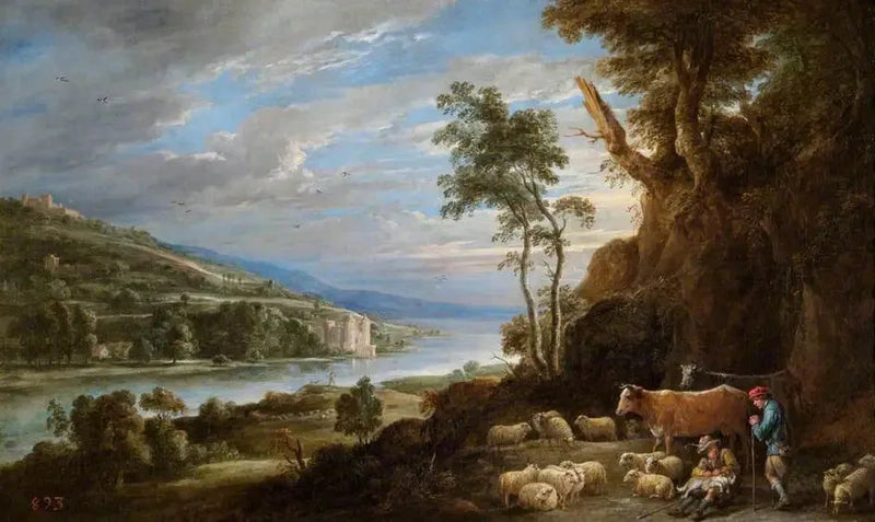 Landskap med herdar och en fjärrutsikt av ett slott - David Teniers den yngre