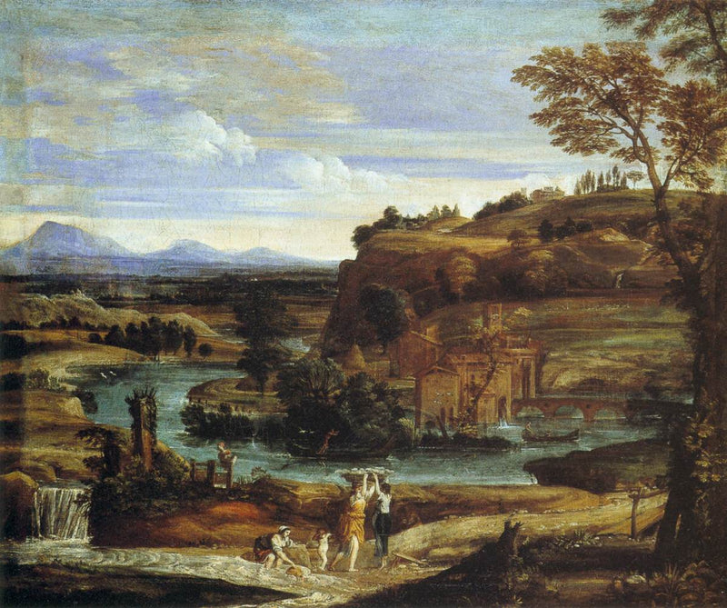 Landskap med tvättmaskiner och ett barn som häller vin - Domenichino
