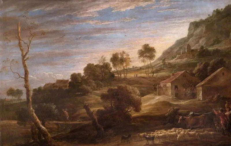 Landskap med bönder som leder boskap: Kväll - David Teniers den yngre