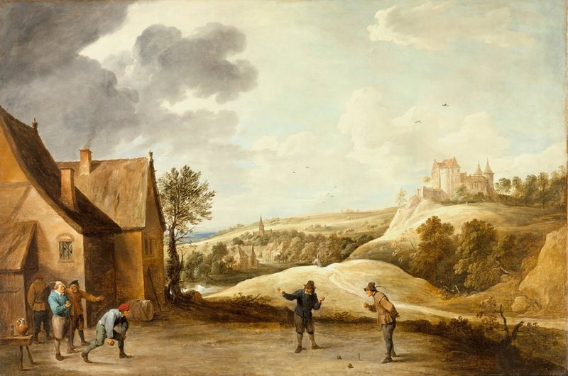 Landskap med bönder som spelar boule framför ett värdshus - David Teniers den yngre