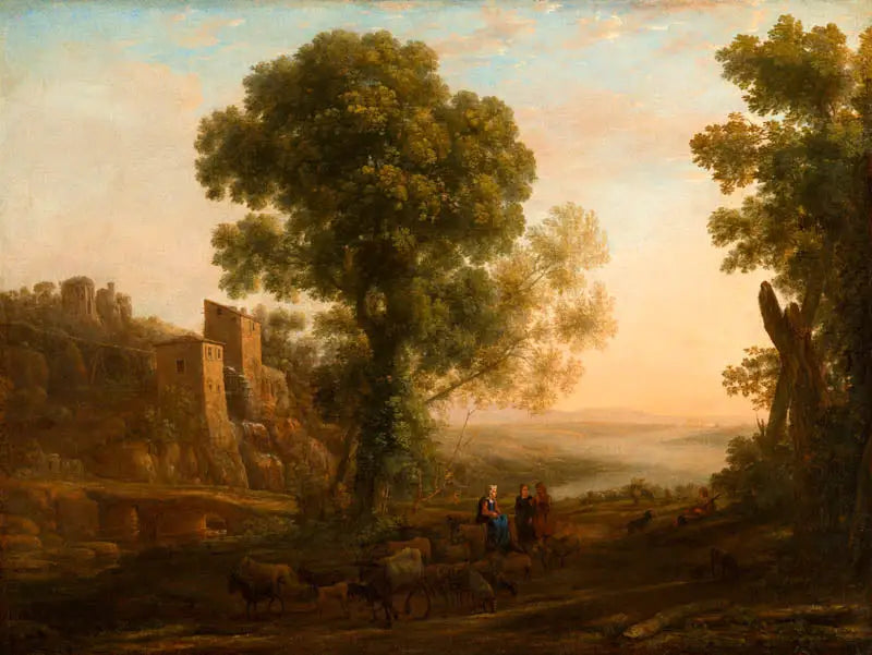 Paysage avec des paysans revenant avec leurs troupeaux - Claude Lorrain image 1 copie de tableau peinte à la main
