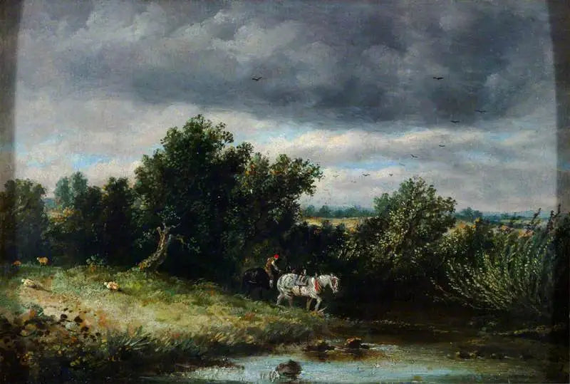 Landskap med två hästar och en bäck - John Constable
