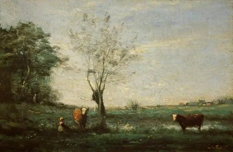 Landskap med två kor - Jean-Baptiste Camille Corot
