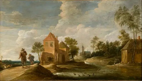 landskap med kyrka + flod - David Teniers den yngre