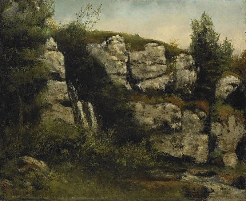 Landskap med klippiga klippor och vattenfall - Gustave Courbet
