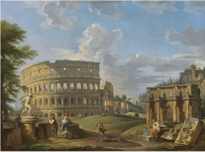 Landskap med Colosseum och Konstantins båge, Rom - Giovanni Paolo Panini