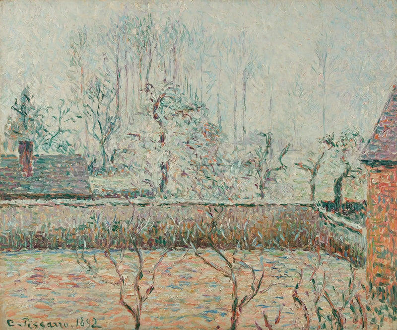 Landskap med hus och mur, dimma och frost, Éragny - Camille Pissarro