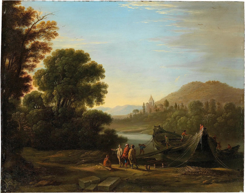 Landskap med personer som lastar ved på en båt - Claude Lorrain