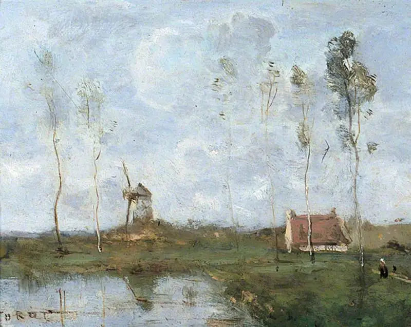 Landskap med en stuga och en väderkvarn - Jean-Baptiste Camille Corot