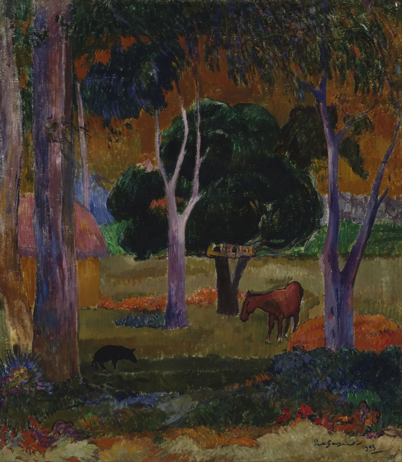 Landskap med en gris och en häst - Paul Gauguin