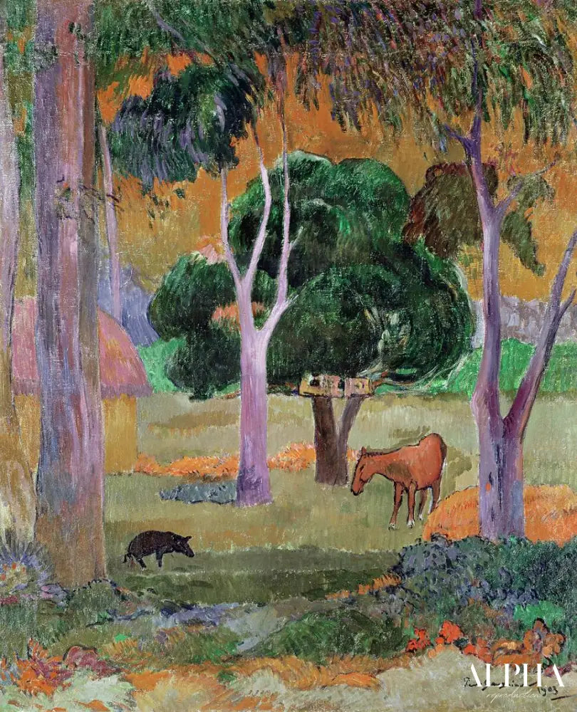 Paysage avec un cochon et un cheval - Paul Gauguin - Reproductions de tableaux et peintures haut de gamme