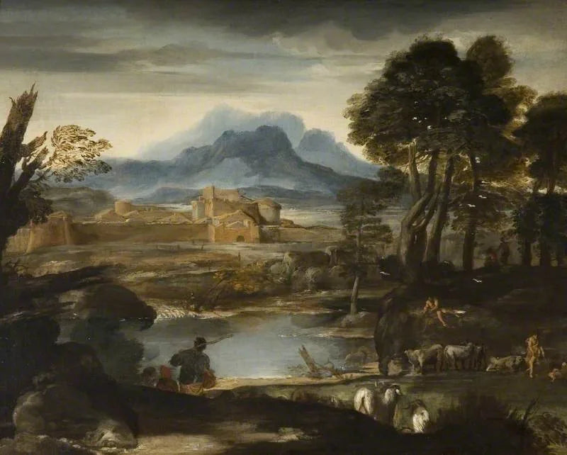 Landskap med en sjö och en befäst stad - Pietro da Cortona