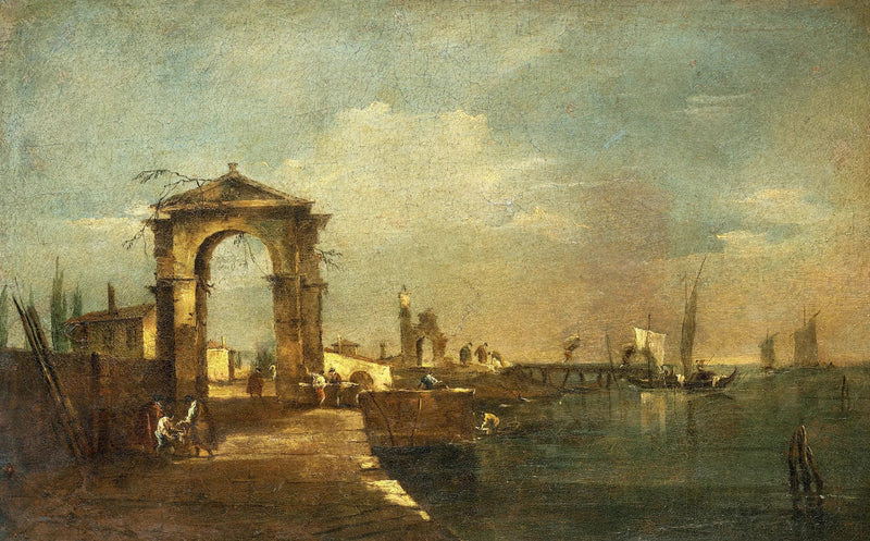 Landskap med en kaj och båtar på en sjö - Francesco Guardi