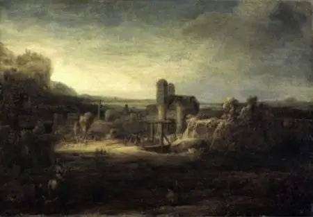 Landskap med en kyrka - Rembrandt