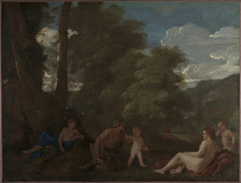 Landskap med en nymf och en satyr - Nicolas Poussin