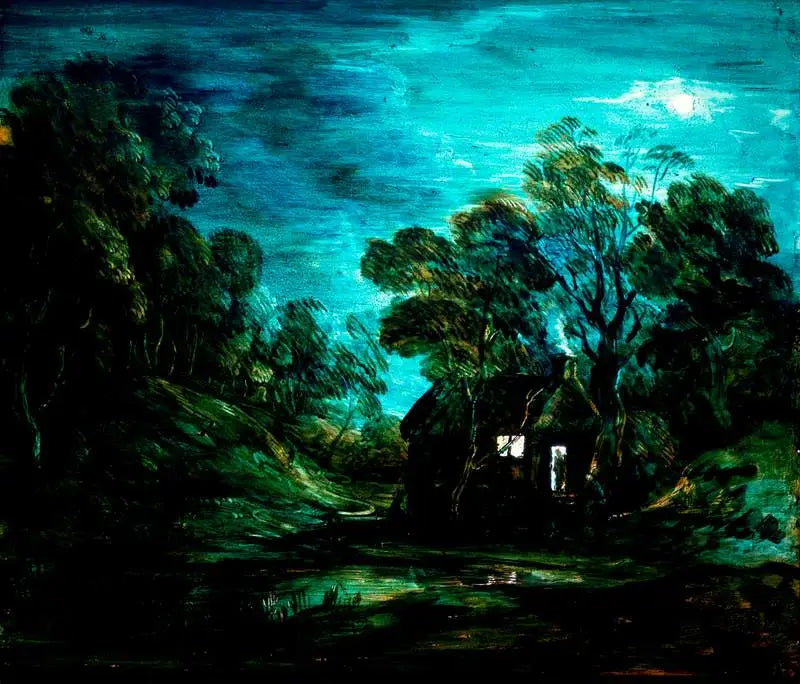 Skogsscenario i månsken med en pool och en silhuett vid dörren till en stuga - Thomas Gainsborough