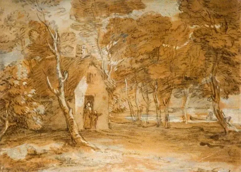 Skoglandskap med stuga, personer och båt på en sjö - Thomas Gainsborough