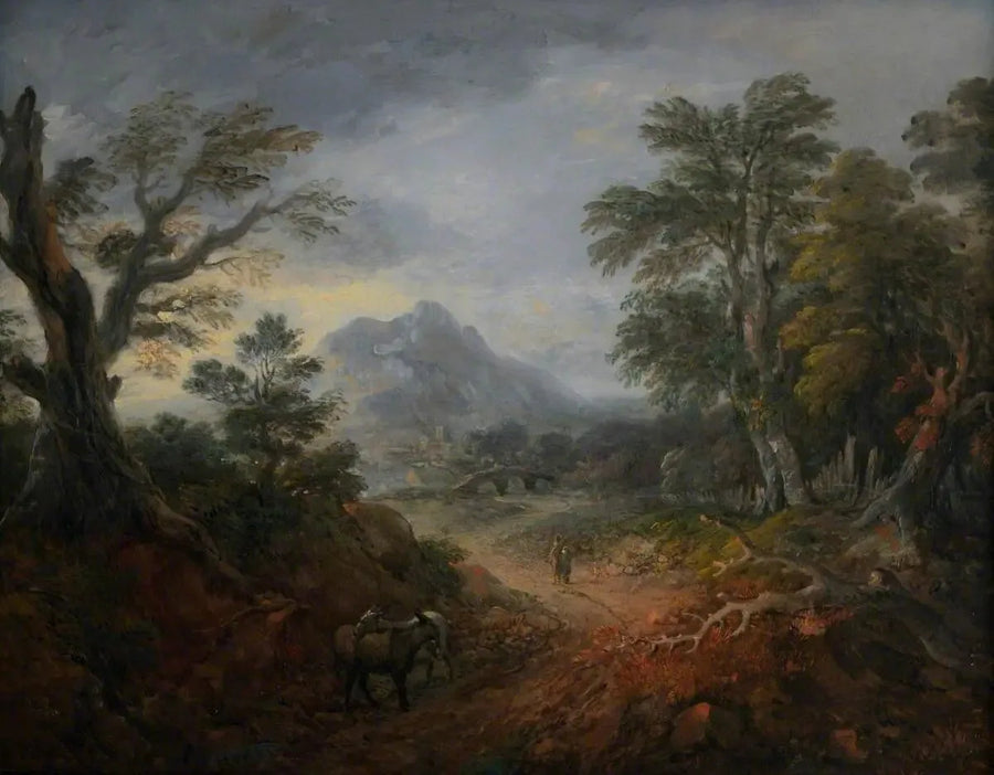 Skoglandskap med personer, bro, åsnor, byggnader i fjärran och berg - Thomas Gainsborough