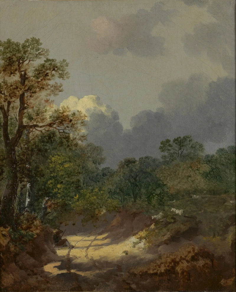 Skogsscenario med en herde som vilar på en solig väg med får - Thomas Gainsborough