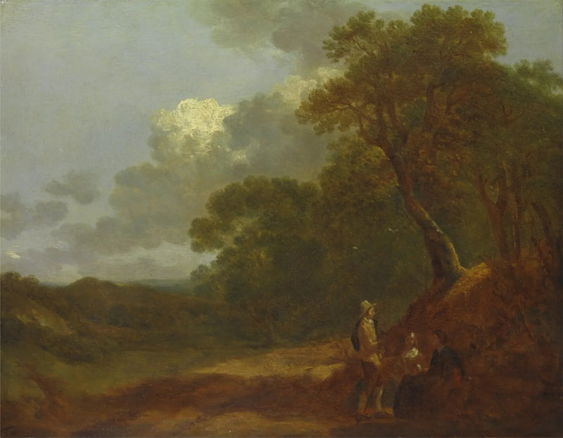 Skoglandskap med en man som pratar med två kvinnor som sitter - Thomas Gainsborough
