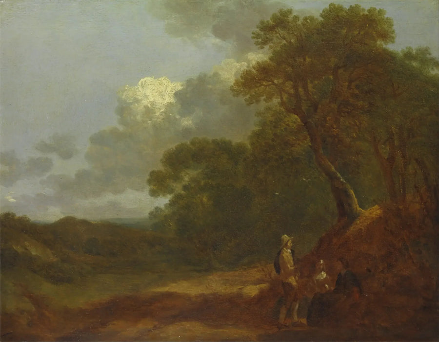Skoglandskap med en man som pratar med två kvinnor som sitter - Thomas Gainsborough