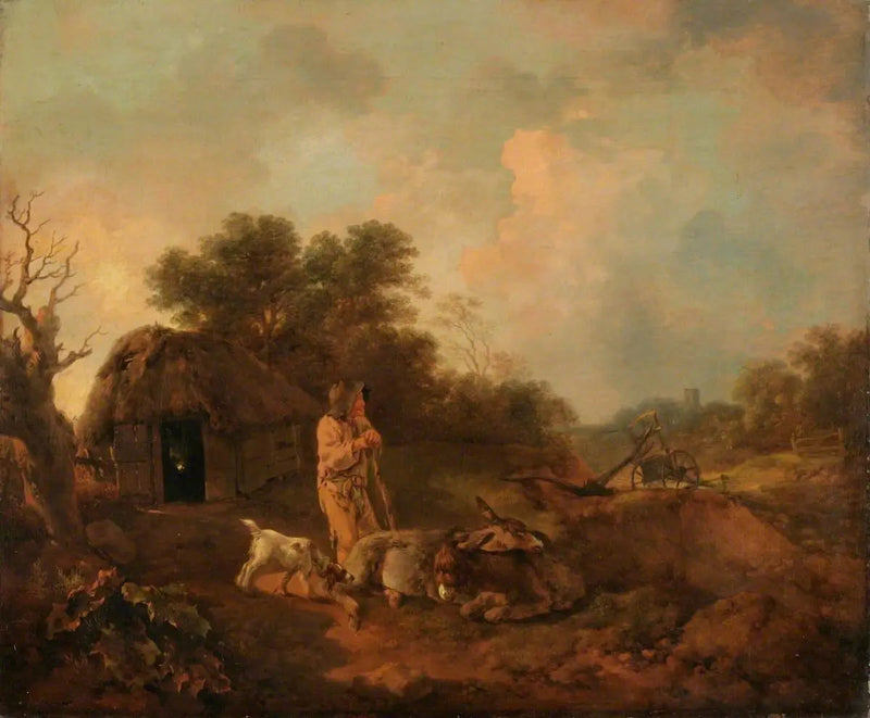 Skoglandskap med en gammal bonde och åsnor utanför ett ladhus, en plogbock och en kyrka i fjärran - Thomas Gainsborough