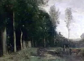Skogsscenario med en bysikt - Jean-Baptiste Camille Corot