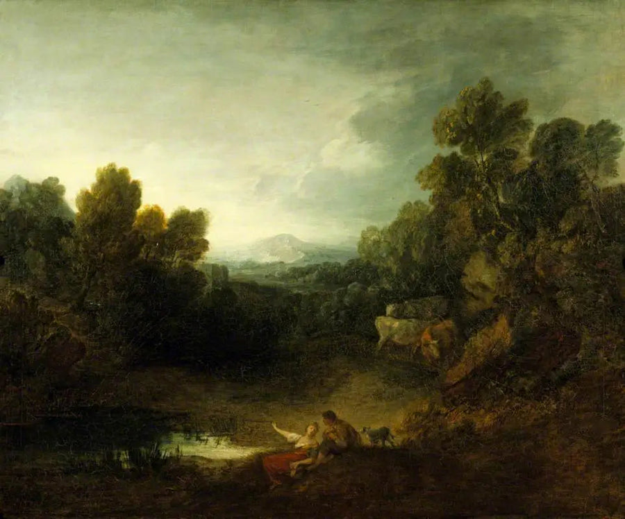 Skogigt stenlandskap med rustika älskare vid en pool - Thomas Gainsborough